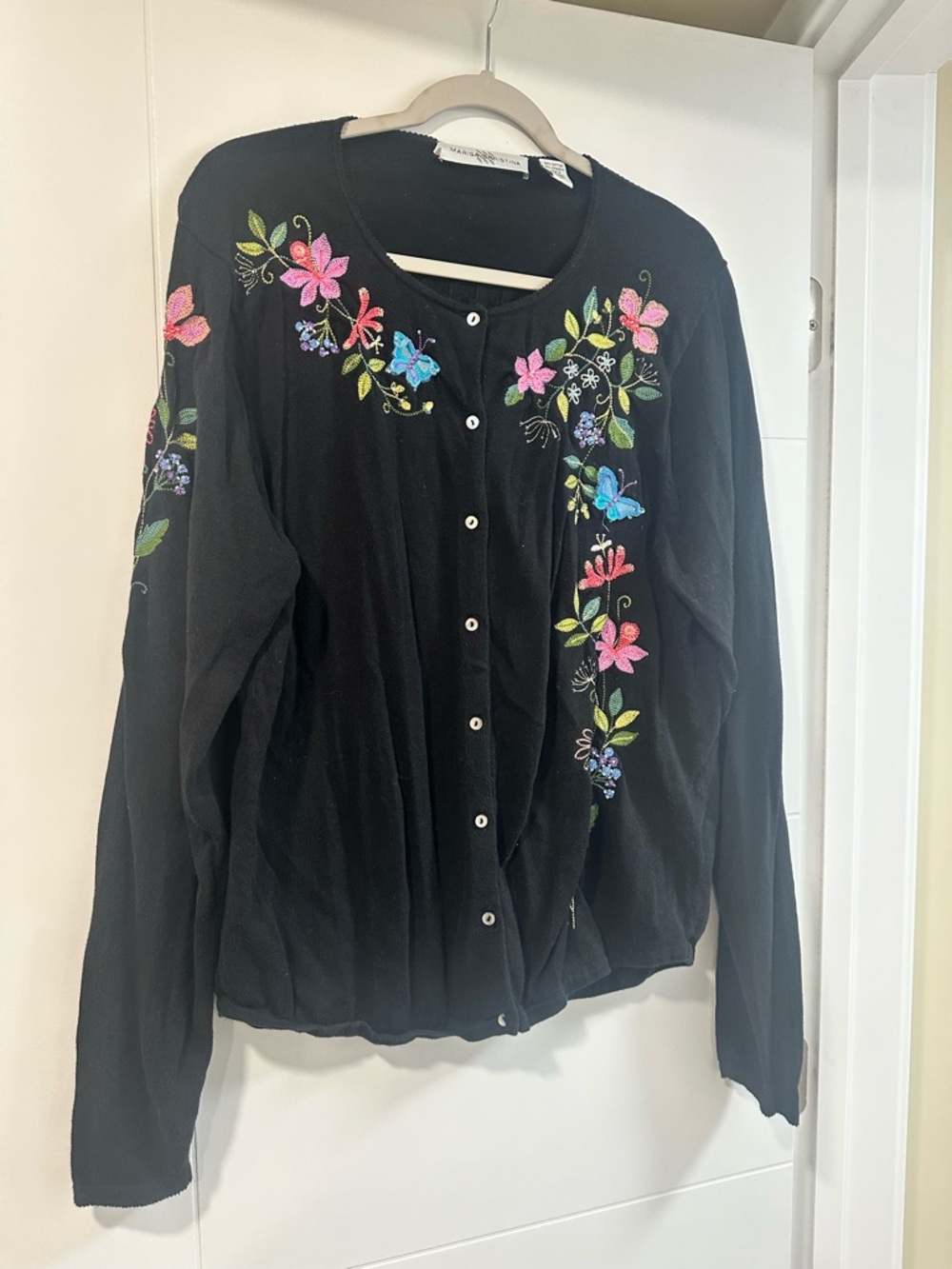 Marisa Christina Black Cardigan with Pink & Blue Floral Embroidery